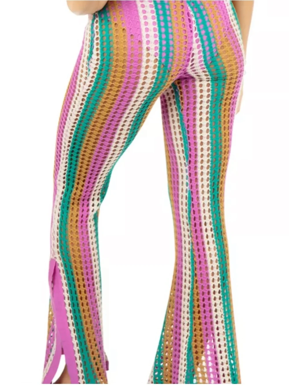 NWT Hurley Stripe Crochet Beach Pant Open Knit Swim Cover Up Flare Split Hem Lrg